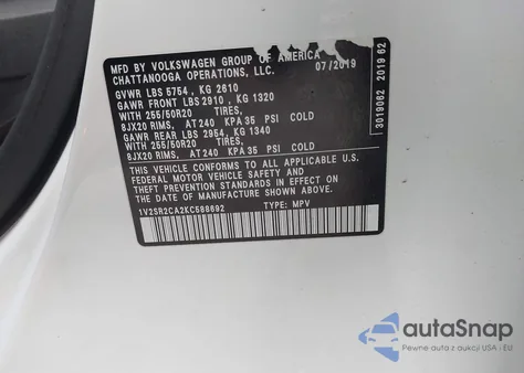 2019 Volkswagen Atlas 3.6L V6 Sel R-Line из США, поврежденный, VIN 1V2SR2CA2KC588692